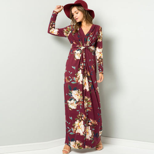 Long Maxi Dresses For Women Long Sleeve V-neck Autumn Floral Dress PQ22900B