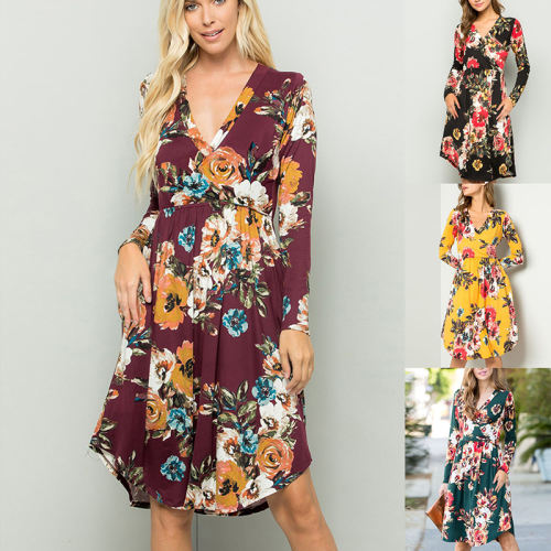 V-neck Slim Long Sleeve Printed Casual Dress Fashion Midi Dresses PQ22899A