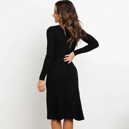 Autumn Fashion Slim Midi Dresses Tie Pure Color Long Sleeve Casual Dress PQ22859A