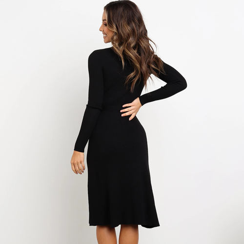 Autumn Fashion Slim Midi Dresses Tie Pure Color Long Sleeve Casual Dress PQ22859A