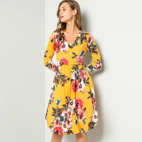 Fashion Midi Dresses V-neck Slim Long Sleeve Printed Casual Dress PQ22899B