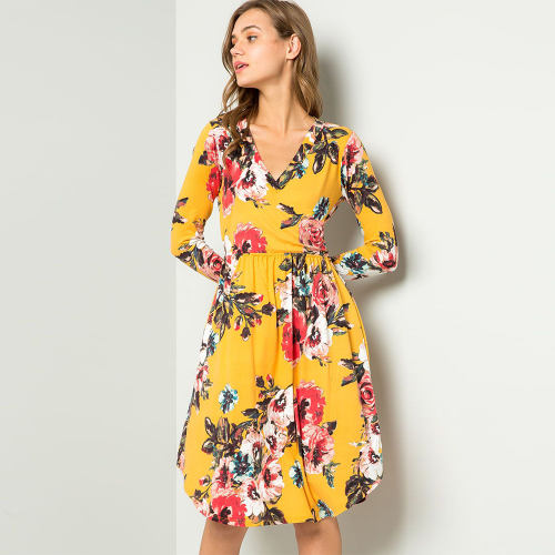 Fashion Midi Dresses V-neck Slim Long Sleeve Printed Casual Dress PQ22899B