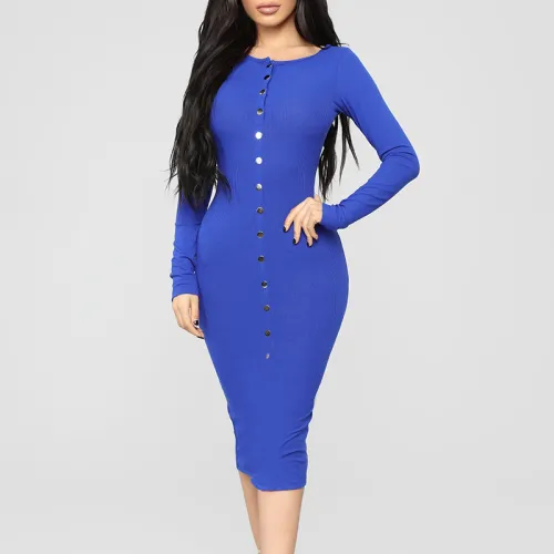 Winter Midi Dress Sexy Ribbed Knitted Dress Autumn Botton Sweaters PQ22905D
