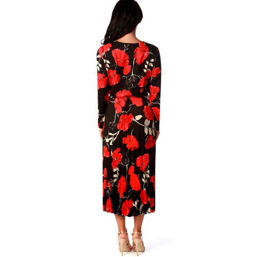 Knitted Long-sleeved Floral Midi Dress V-neck Printed Casual Dresses PQ22885A