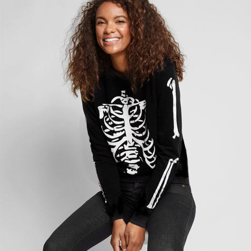 Halloween Skeleton Print Sweatshirt Long Sleeve Skull T-shirts For Women Tops PQ22858