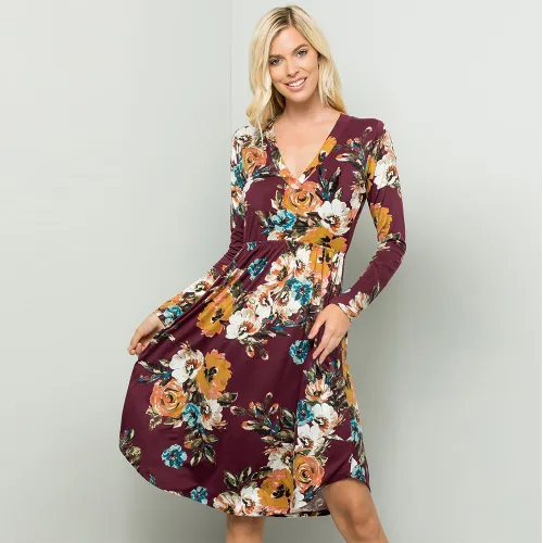 Autumn Fashion Casual Dress V-neck Long Sleeve Printed Midi Dresses PQ22899D