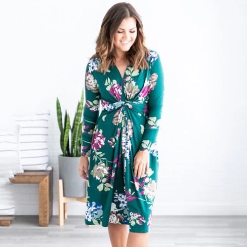 Drap Loose Midi Dress Fashion Long Sleeve Printed Floral Dress PQ22887B