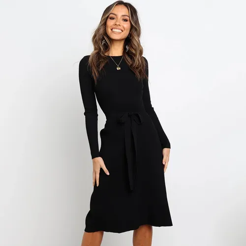 Autumn Fashion Slim Midi Dresses Tie Pure Color Long Sleeve Casual Dress PQ22859A
