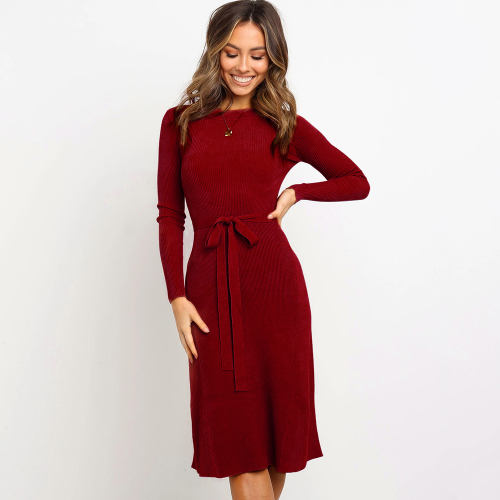 Tie Pure Color Long Sleeve Casual Dress Autumn Fashion Slim Midi Dresses PQ22859B