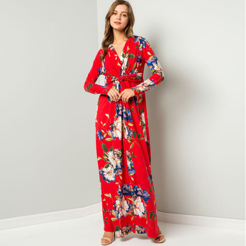 V-neck Maxi Dresses For Women Long Sleeve Autumn Floral Dress PQ22900C