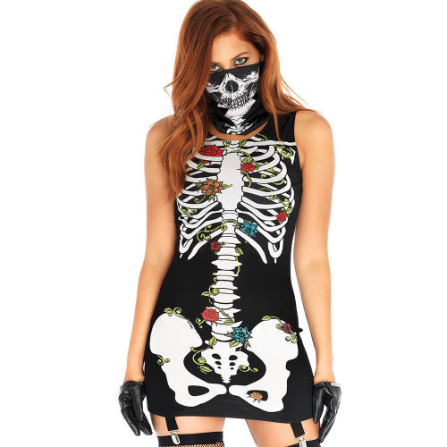 Halloween Dress Up Costume Sexy Short Skull Print Dress with Mask PQ22853