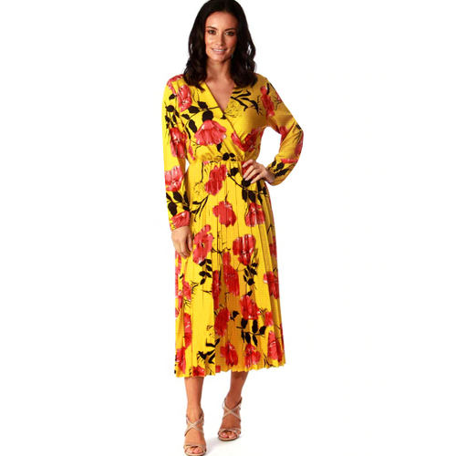 V-neck Printed Casual Dresses Knitted Long-sleeved Floral Midi Dress PQ22885B
