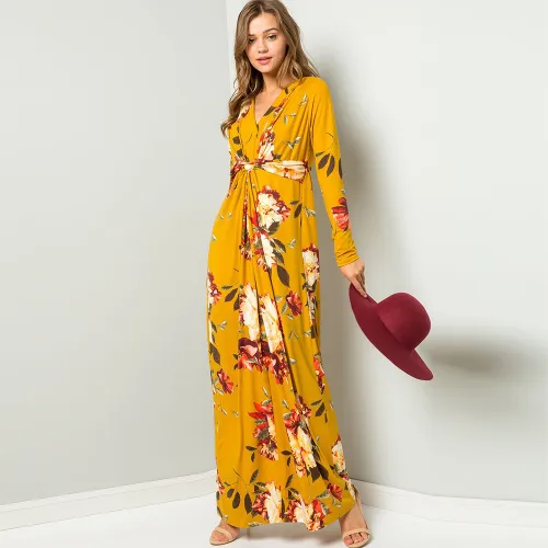 Long Sleeve Floral Print Boho Dress Autumn Maxi Dresses For Women PQ22900E