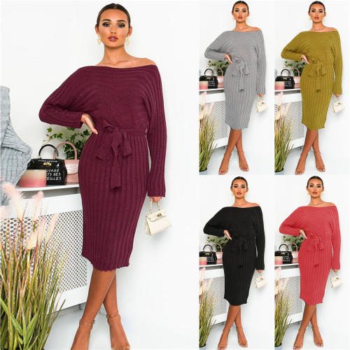 Winter Women Knitted Sweater Dress Mid-length Pullover Midi Dress PQ2005A