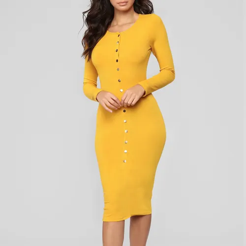 Autumn Botton Sweaters Winter Midi Dress Sexy Ribbed Knitted Dress PQ22905C