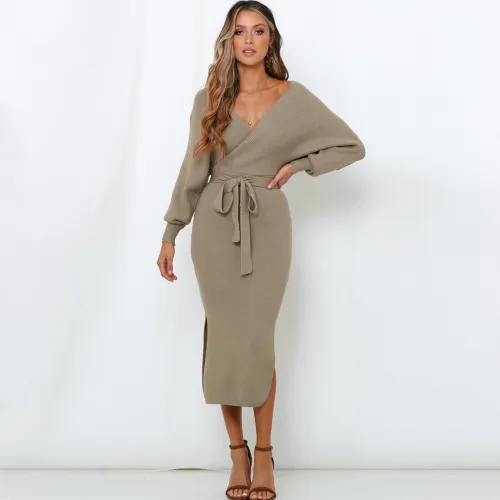 Slim Double V-neck Autumn Sweater Dress Winter Knitted Dress PQ1902B
