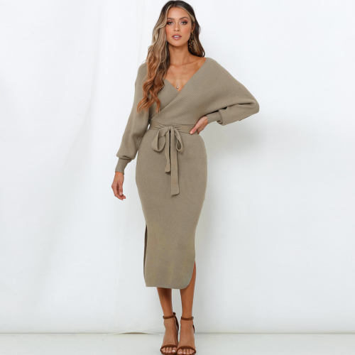 Slim Double V-neck Autumn Sweater Dress Winter Knitted Dress PQ1902B