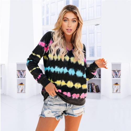 Tie-dye Heartbeat Print Hooded Sweater Tops Autumn Casual Loose Sweatshirt PQLQ020A