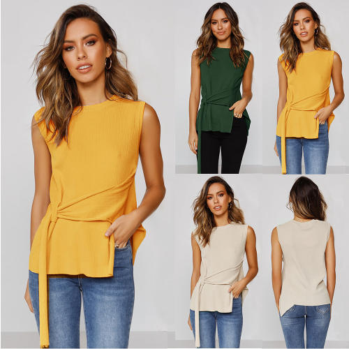 Summer Round Neck Sleeveless T-shirt Striped Casual Shirts PQLQ001A