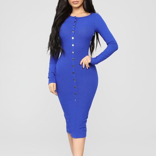 Autumn Botton Sweaters Winter Midi Dress Sexy Ribbed Knitted Dress PQ22905C