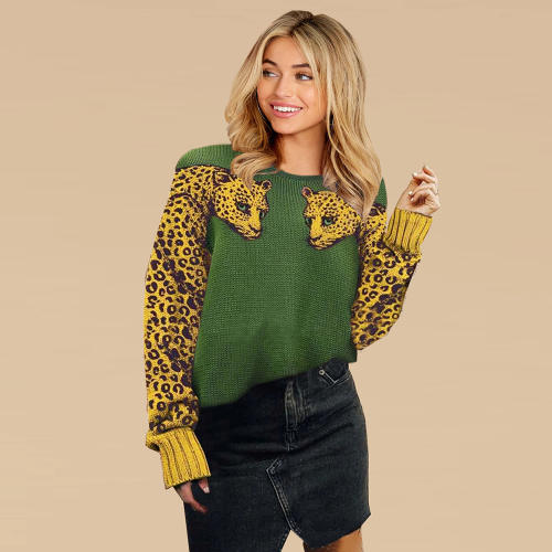 Long-sleeved Wool Sweater Round Neck Leopard Print Winter T-shirts PQLQ005B