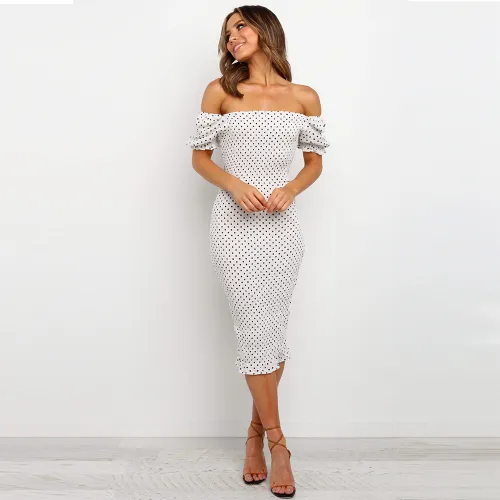 Polka Dot Dress For Women Sexy Strapless Puff Sleeve Midi dresses PQH2122A