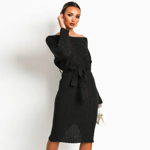 Winter Women Knitted Sweater Dress Mid-length Pullover Midi Dress PQ2005A