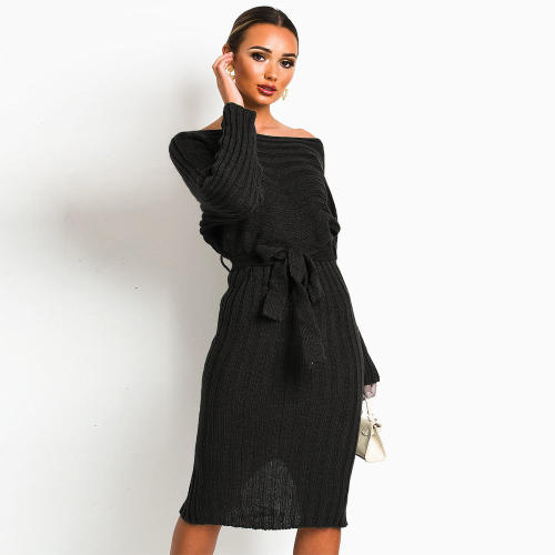 Winter Women Knitted Sweater Dress Mid-length Pullover Midi Dress PQ2005A