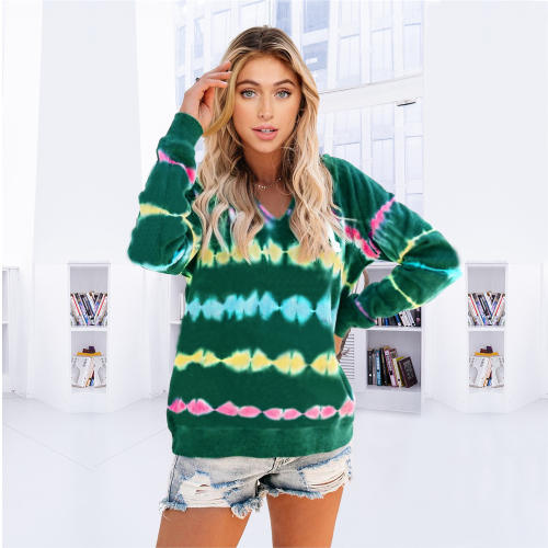 Autumn Casual Tops Heartbeat Print Hooded Sweater Tie-dye Loose Sweatshirt PQLQ020C