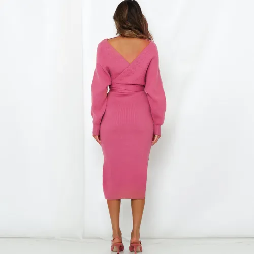 Winter Knitted Dress Double V-neck Autumn Sweater Slim Midi Dress PQ1902E