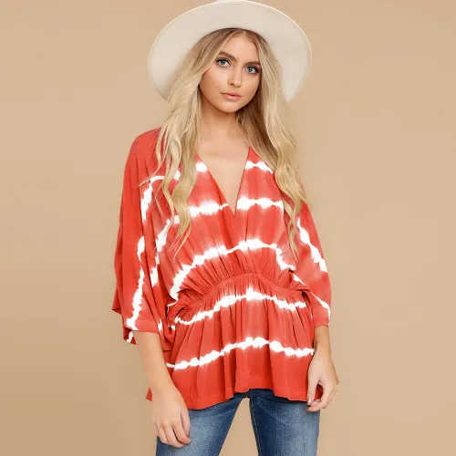 Women Summer Casual T-shirt Spring Bat Sleeve Tie-Dyed Tops PQLQ022B