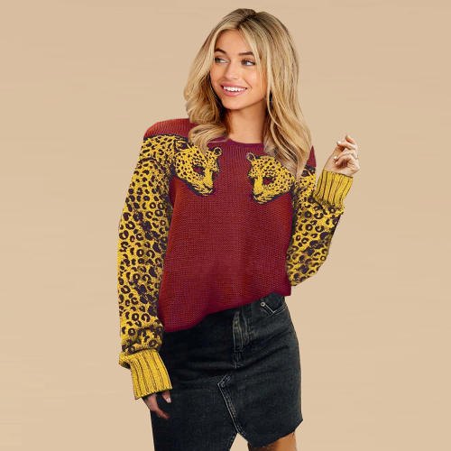 Round Neck Leopard Print Winter T-shirts Long-sleeved Wool Sweater PQLQ005A