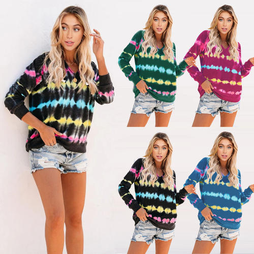 Tie-dye Heartbeat Print Hooded Sweater Tops Autumn Casual Loose Sweatshirt PQLQ020A