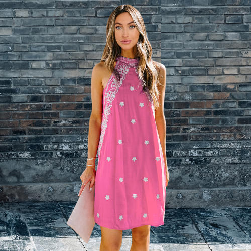 Halter Backless A-line Retro Floral Printed Dress Women Summer Dresses PQLQ021B