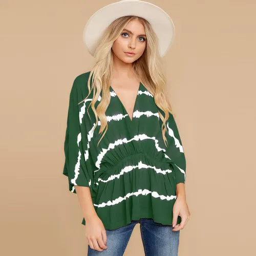 Spring Bat Sleeve Tie-Dyed T-shirt Women Summer Casual Tops PQLQ022D