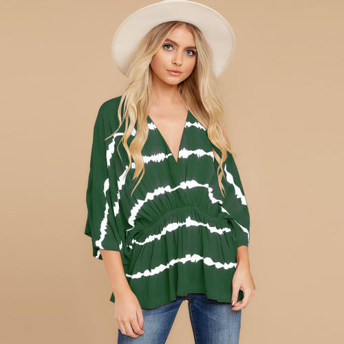 Spring Bat Sleeve Tie-Dyed T-shirt Women Summer Casual Tops PQLQ022D