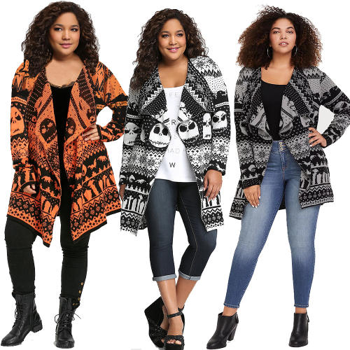 Women Skull Cardigan Lapel Mid-length Wool Knitted Jacket Winter Sweater PQLQ089B