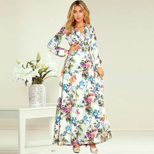 Long Sleeve Printed Floral Dress Slim Lace-Up Maxi Dresses PQLQ041A