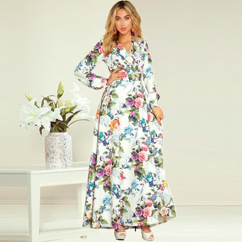 Long Sleeve Printed Floral Dress Slim Lace-Up Maxi Dresses PQLQ041A