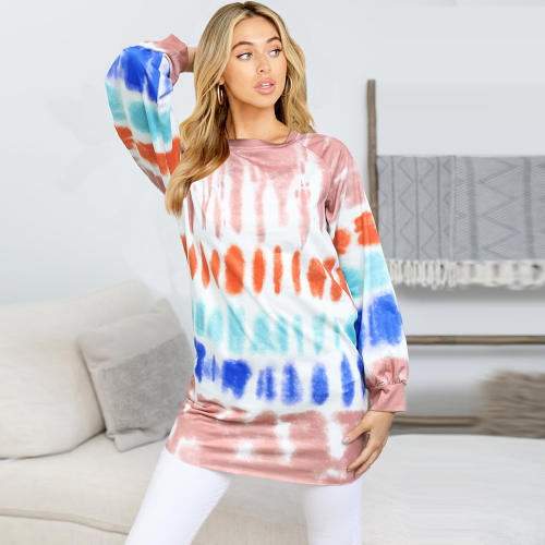 Fall Tie-dye Printed Sweater Contrast Color Round Neck Tops T-shirt PQLQ045A