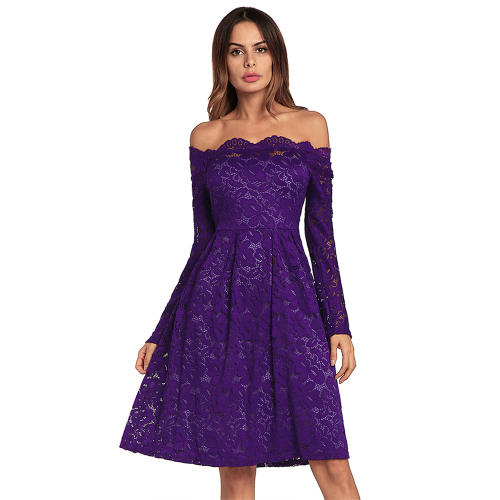 Sexy Long-sleeved Lace Dress Off Shoulder Stretch Slim Midi Dresses PQW662A