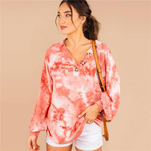 Women Tie-dye Printed Blouse Long-sleeved Graffiti Loose Sweater PQLQ023A