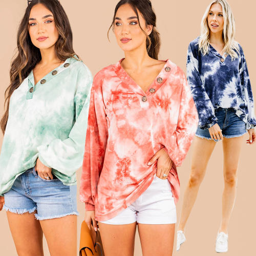 Women Tie-dye Print Casual Tops Long Sleeve Graffiti Loose Sweater PQLQ023C