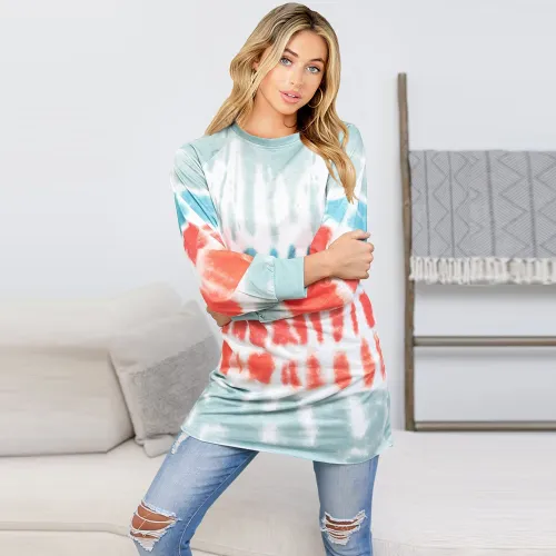 Contrast Color T-shirt Fall Tie-dye Printed Sweater Round Neck Tops PQLQ045C