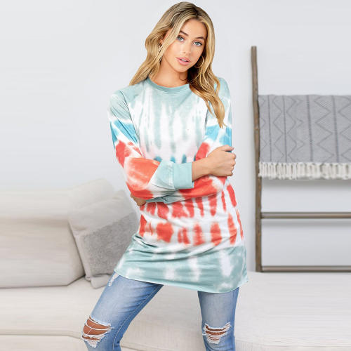 Contrast Color T-shirt Fall Tie-dye Printed Sweater Round Neck Tops PQLQ045C