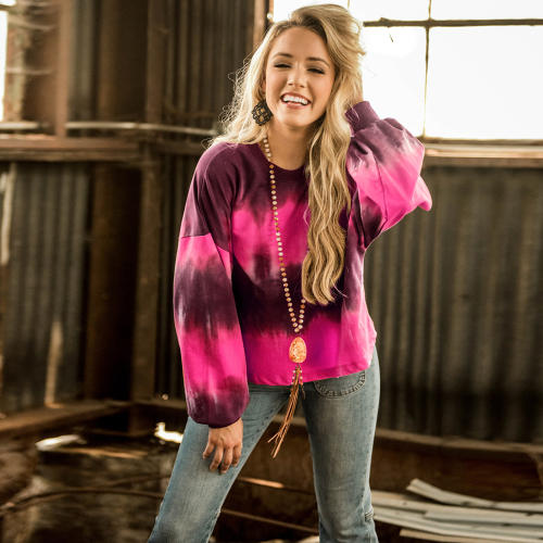 Autumn Round Neck Loose T-shirt Tie-dye Tops Gradient Color Sweater PQLQ044C
