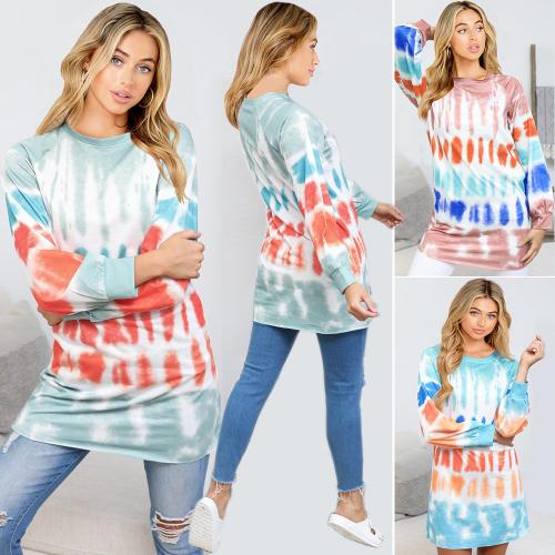 Fall Tie-dye Printed Sweater Contrast Color Round Neck Tops T-shirt PQLQ045A