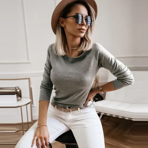 Slim Long Sleeve Sweater Fall/Winter High Stretch Wool Fleece Knit Tops PQLQ088B