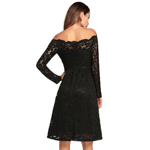 Off Shoulder Stretch Slim Midi Dresses Sexy Long-sleeved Lace Dress PQW662B