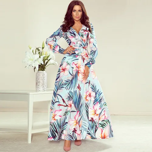 Slim Lace-Up Maxi Dresses Long Sleeve Printed Floral Dress PQLQ041B